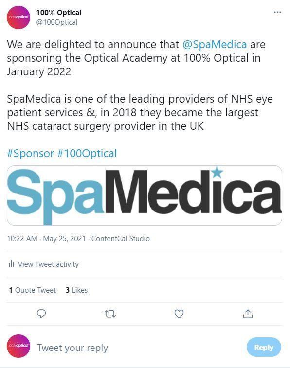 Spa medica welcome to 100 optical as a sponsor